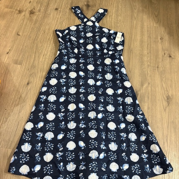 ANN TAYLOR NWT Linen Blend Seashell Navy Halter Dress Sz 10 Coastal Nautical - Picture 2 of 10